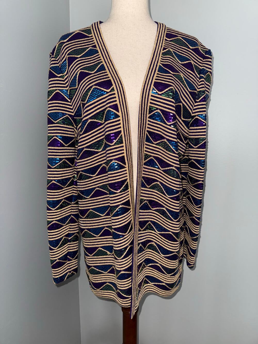 Vintage St. John Santana Knit Sequin Statement Jacket Jewel Tones - size 12